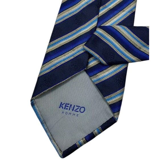 KENZO Men's 100% Silk Necktie LUXURY Tie Navy Blue Striped Floral W:3.7" EUC - Picture 4 of 4